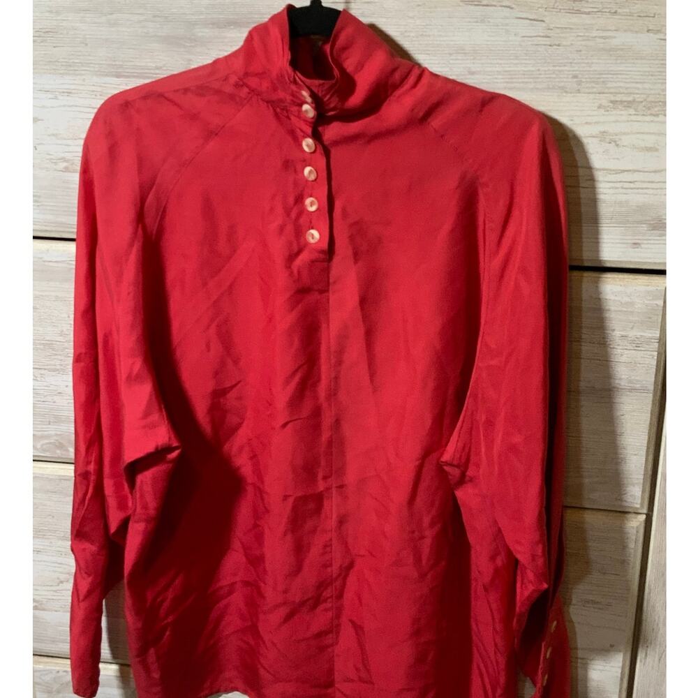 Vntg Michel Bruche Red Silk Long Sleeve Shirt - CHRISTMAS- Size 12
